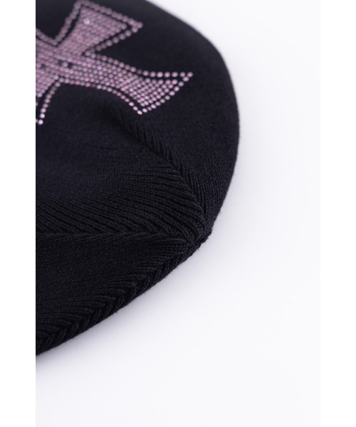 ビーニー｜Black x Pink Cross Rhinestone Beanie｜Unknown London