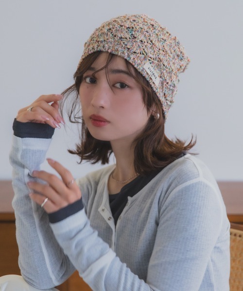 polcadot（ポルカドット）の「かぎ編み メランジビーニー（ニットキャップ/ビーニー・レディース・ブラック×ホワイト/ピンク系・FREE）」の2枚目の写真