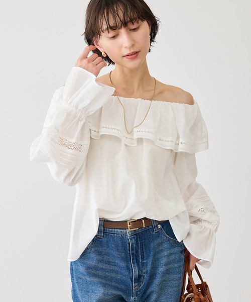 ROPE' PICNIC（ロペピクニック）の「お着軽シャツシリーズ レース使い2WAYオフショルシアーブラウス/接触冷感・通気性（シャツ/ブラウス・レディース・ブルー系その他4/ブラック/イエロー/ホワイト・FREE）」の2枚目の写真