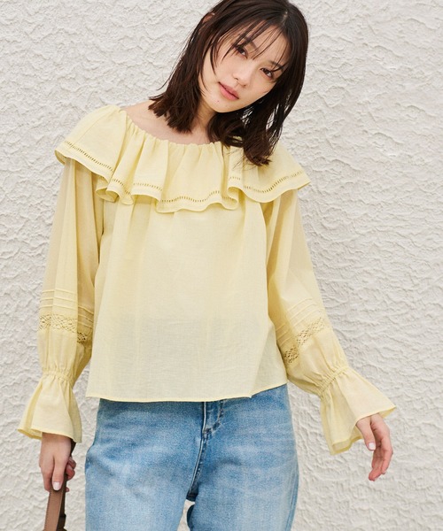 ROPE' PICNIC（ロペピクニック）の「お着軽シャツシリーズ レース使い2WAYオフショルシアーブラウス/接触冷感・通気性（シャツ/ブラウス・レディース・ブルー系その他4/ブラック/イエロー/ホワイト・FREE）」の4枚目の写真