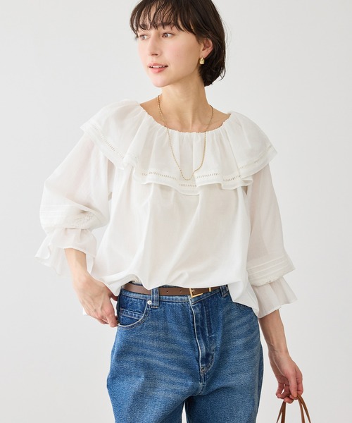 ROPE' PICNIC（ロペピクニック）の「お着軽シャツシリーズ レース使い2WAYオフショルシアーブラウス/接触冷感・通気性（シャツ/ブラウス・レディース・ブルー系その他4/ブラック/イエロー/ホワイト・FREE）」の14枚目の写真