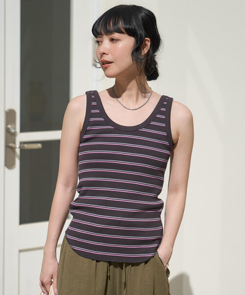 FREAK'S STORE（フリークスストア）の「ワッフル 2WAY ヘンリーネック タンクトップ（タンクトップ・レディース・ブラック/チャコール/ブラウン/ナチュラル/オフホワイト・ﾌﾘ-）」の3枚目の写真