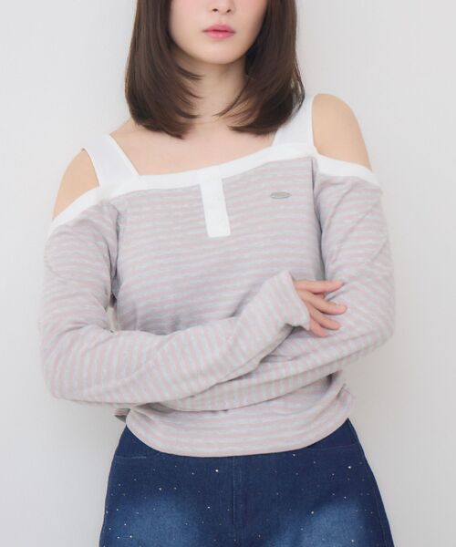 ems excite(エムズエキサイト)の「オフショルボーダーカットソー(Tシャツ/カットソー・レディース・ピンク/ホワイト系その他/ダークブルー・FREE)」の3枚目の写真