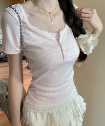 バレエコア レース レーヤード風 ヘンリーネック Tシャツ