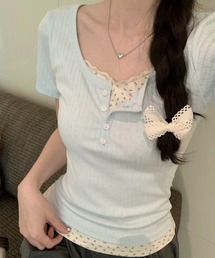 バレエコア レース レーヤード風 ヘンリーネック Tシャツ