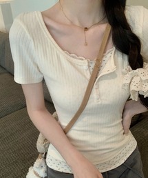 バレエコア レース レーヤード風 ヘンリーネック Tシャツ