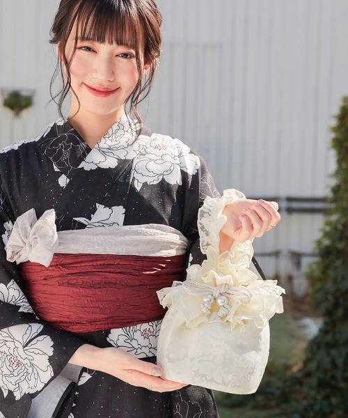 Honeys（ハニーズ）の「浴衣巾着（フリル）（和装小物・レディース・アイボリー系1/サックスブルー系1/アイボリー/ライトピンク・FREE）」の7枚目の写真