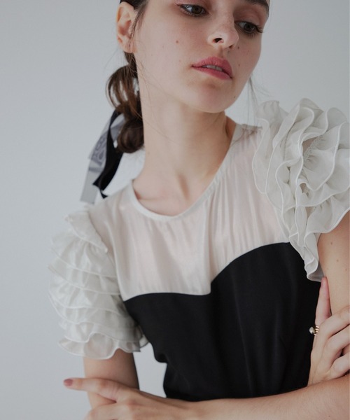 ORGUE（オルグ）の「Docking shiffon ribbon dress/ドッキングシフォンリボンドレス（ワンピース・レディース・ブラック/ライトベージュ・SMALL/MEDIUM）」の10枚目の写真
