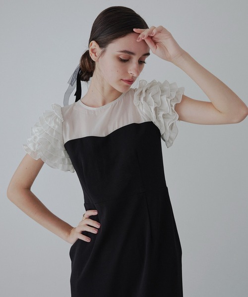 ORGUE（オルグ）の「Docking shiffon ribbon dress/ドッキングシフォンリボンドレス（ワンピース・レディース・ブラック/ライトベージュ・SMALL/MEDIUM）」の4枚目の写真