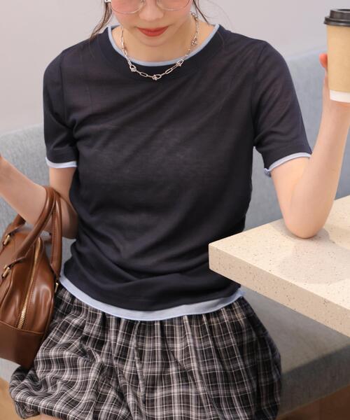 FREE'S MART(フリーズマート)の「◆レイヤード風半袖カットソー(Tシャツ/カットソー・レディース・ネイビー/ホワイト/グレー・FREE)」の1枚目の写真