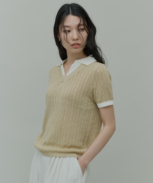 Plumel(プルメル)の「Bi-color Polo Knit Tops / バイカラーポロニットトップス(ニット/セーター・レディース・ベージュ/ブラック/グレー・MEDIUM)」の5枚目の写真