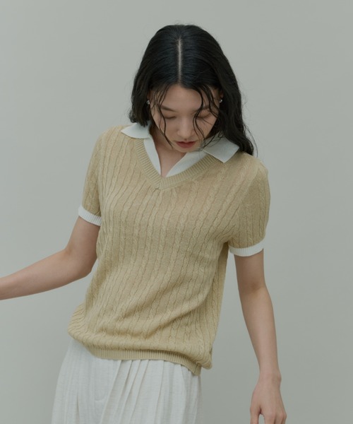 Plumel(プルメル)の「Bi-color Polo Knit Tops / バイカラーポロニットトップス(ニット/セーター・レディース・ベージュ/ブラック/グレー・MEDIUM)」の6枚目の写真