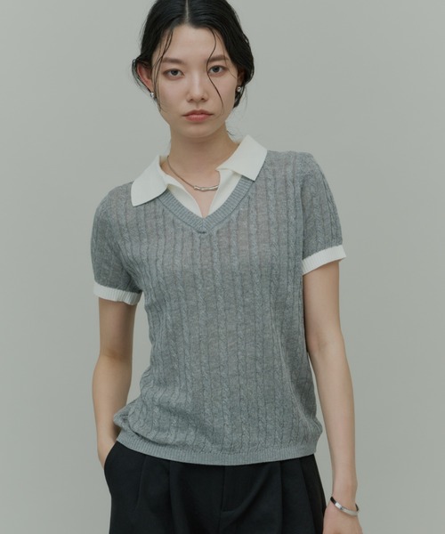 Plumel(プルメル)の「Bi-color Polo Knit Tops / バイカラーポロニットトップス(ニット/セーター・レディース・ベージュ/ブラック/グレー・MEDIUM)」の17枚目の写真