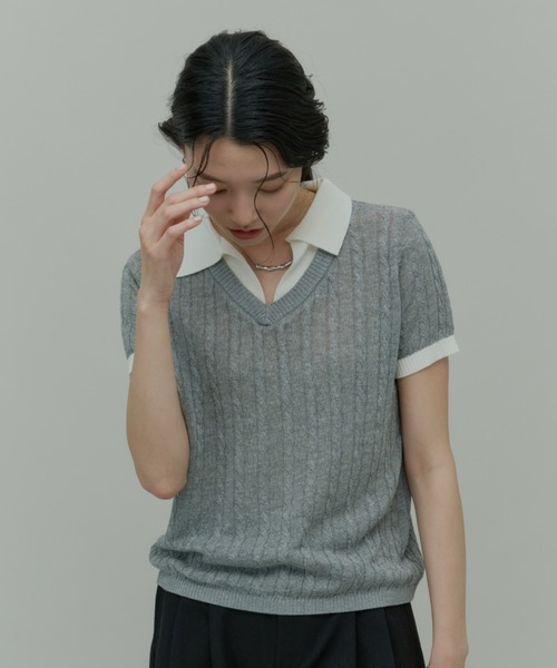 Plumel(プルメル)の「Bi-color Polo Knit Tops / バイカラーポロニットトップス(ニット/セーター・レディース・ベージュ/ブラック/グレー・MEDIUM)」の19枚目の写真