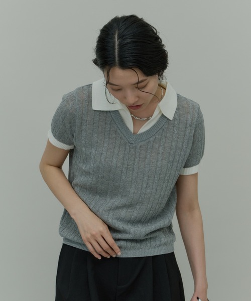 Plumel(プルメル)の「Bi-color Polo Knit Tops / バイカラーポロニットトップス(ニット/セーター・レディース・ベージュ/ブラック/グレー・MEDIUM)」の18枚目の写真