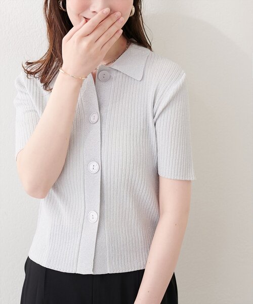 natural couture（ナチュラルクチュール）の「衿付きラメリブカーデ（カーディガン/ボレロ・レディース・サックスブルー/グレー/ピンク/オフホワイト・FREE）」の6枚目の写真