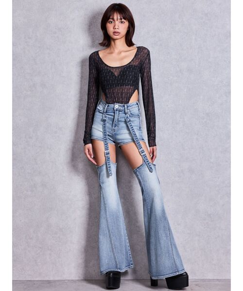 GYDA（ジェイダ）の「ハイウエスト2WAYガーターデザインフレアデニムパンツ（デニムパンツ・レディース・インディゴブルー/ライトブルー・SMALL/MEDIUM）」の20枚目の写真