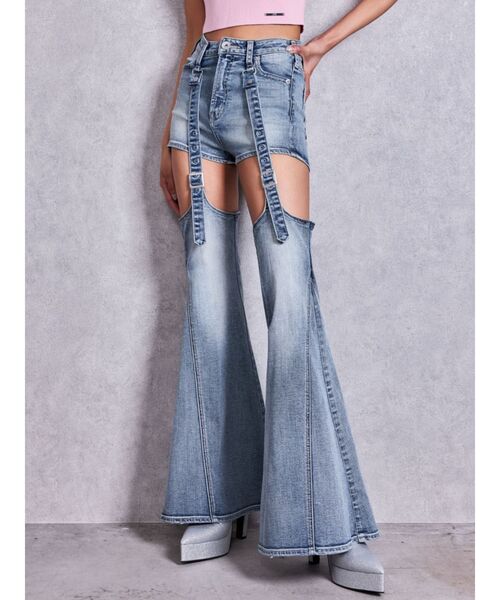 GYDA（ジェイダ）の「ハイウエスト2WAYガーターデザインフレアデニムパンツ（デニムパンツ・レディース・インディゴブルー/ライトブルー・SMALL/MEDIUM）」の7枚目の写真