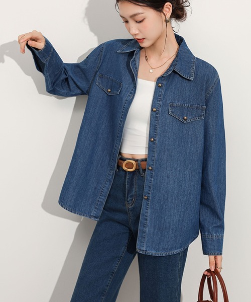 2ly2(トゥーリートゥー)の「デニムシャツ レディース 長袖 羽織り ゆったり カジュアル トップス(シャツ/ブラウス・レディース・ダークブルー/ライトブルー・FREE)」の18枚目の写真