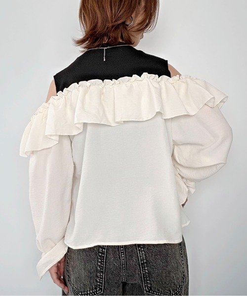 styiro（スタイロ）の「オープンショルダーラッフルフリルブラウス バイカラー配色 秋服 冬服（シャツ/ブラウス・レディース・サックスブルー/ホワイト・M）」の7枚目の写真