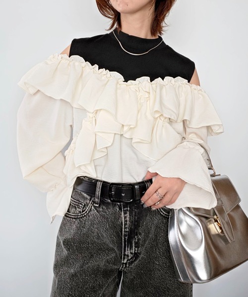 styiro（スタイロ）の「オープンショルダーラッフルフリルブラウス バイカラー配色 秋服 冬服（シャツ/ブラウス・レディース・サックスブルー/ホワイト・M）」の10枚目の写真