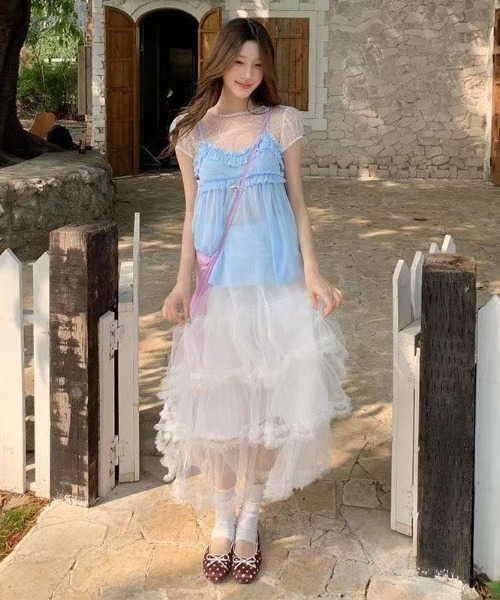 Achic(アシック)の「【2点セット】ドットチュールトップス×フリルキャミSET(Tシャツ/カットソー・レディース・ブルー・M)」の8枚目の写真