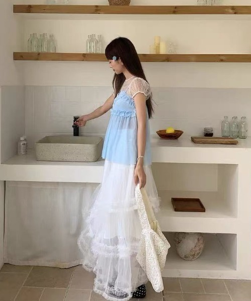Achic(アシック)の「【2点セット】ドットチュールトップス×フリルキャミSET(Tシャツ/カットソー・レディース・ブルー・M)」の12枚目の写真