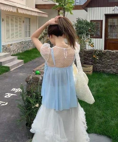 Achic(アシック)の「【2点セット】ドットチュールトップス×フリルキャミSET(Tシャツ/カットソー・レディース・ブルー・M)」の13枚目の写真