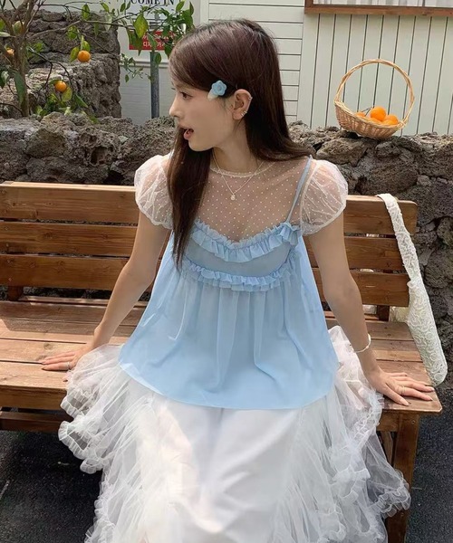 Achic(アシック)の「【2点セット】ドットチュールトップス×フリルキャミSET(Tシャツ/カットソー・レディース・ブルー・M)」の14枚目の写真