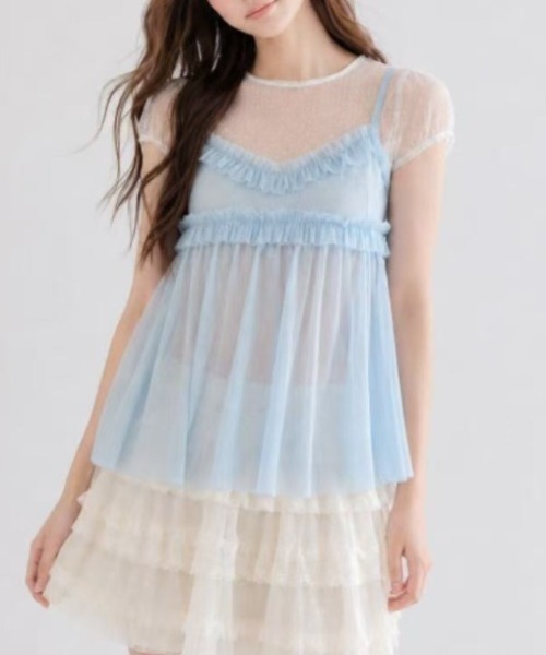 Achic(アシック)の「【2点セット】ドットチュールトップス×フリルキャミSET(Tシャツ/カットソー・レディース・ブルー・M)」の15枚目の写真