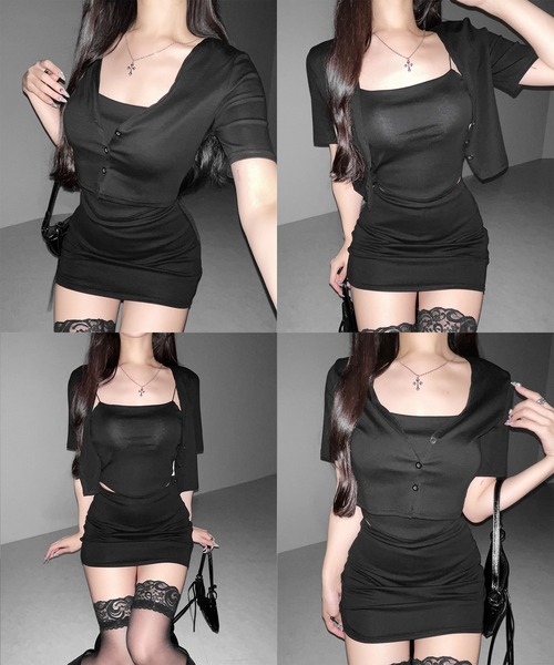 me+em select(ミームセレクト)の「【 ワンホンセットアップ 】 キャミ+カーディガン+ ミニスカート 3点セット / ( wanghong SETUP ) camisole + cardigan + mini skirt 3-piece set(セットアップ・レディース・ブラック/グレー・FREE)」の3枚目の写真