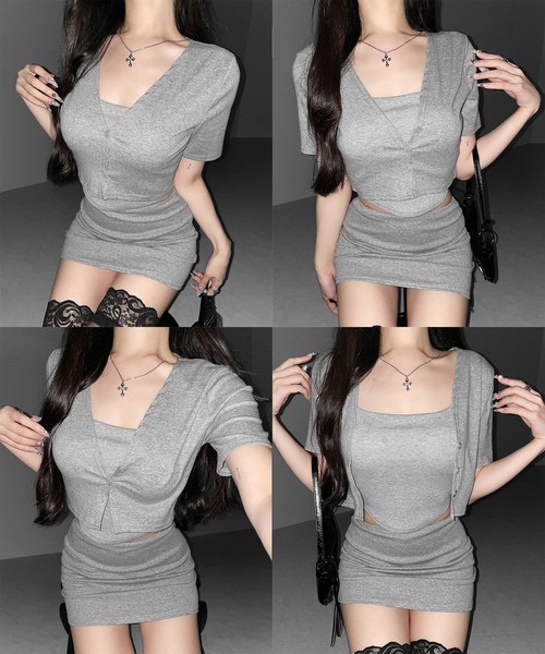 me+em select(ミームセレクト)の「【 ワンホンセットアップ 】 キャミ+カーディガン+ ミニスカート 3点セット / ( wanghong SETUP ) camisole + cardigan + mini skirt 3-piece set(セットアップ・レディース・ブラック/グレー・FREE)」の4枚目の写真
