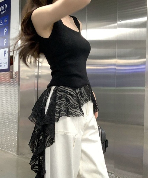 HALEY PESCA（ヘーリーペスカ）の「HALEY PESCA/裾レースドッキング スクエアネックタンクトップ（タンクトップ・レディース・ブラック/ホワイト・FREE）」の6枚目の写真