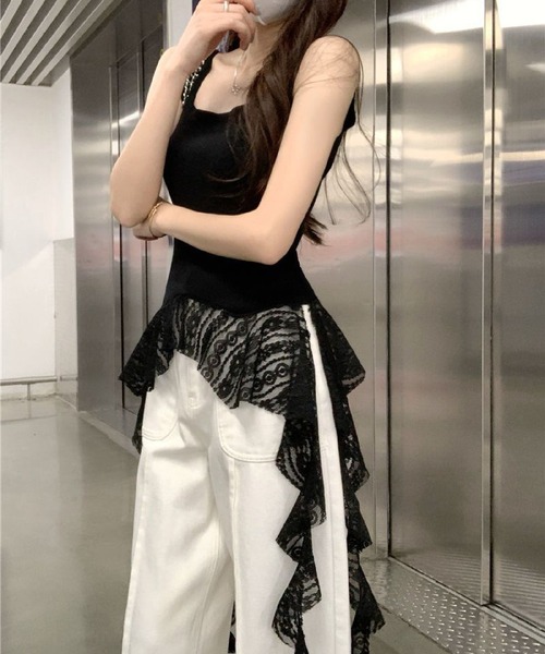 HALEY PESCA（ヘーリーペスカ）の「HALEY PESCA/裾レースドッキング スクエアネックタンクトップ（タンクトップ・レディース・ブラック/ホワイト・FREE）」の8枚目の写真