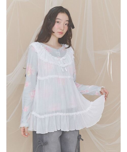 merry jenny(メリージェニー)の「ribbonシアーギャザーチュニック(シャツ/ブラウス・レディース・ブルー/ベージュ/オフホワイト・FREE)」の7枚目の写真