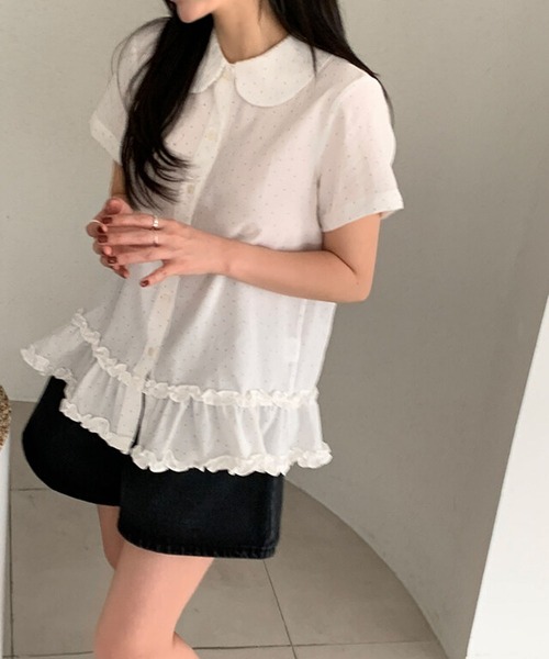 Girly Doll(ガーリードール)の「ドット柄ラウンドカラー裾フリルブラウス(シャツ/ブラウス・レディース・ブラック/ホワイト・FREE)」の10枚目の写真