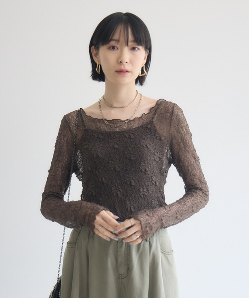 Paradise Picnic(パラダイスピクニック)の「TRANOI. ソフトレースシアートップス(Tシャツ/カットソー・レディース・ホワイト/ブラック/ブラウン・FREE)」の1枚目の写真