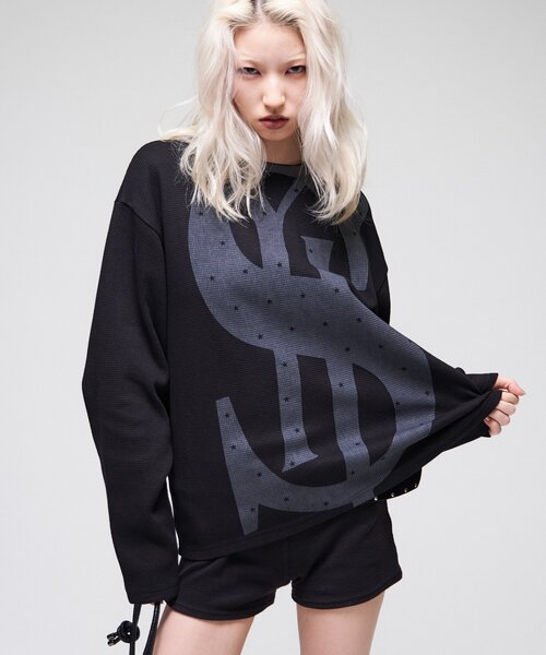 Sourcream(サワークリーム)の「【Sourcream】$ワッフルクルー(Tシャツ/カットソー・レディース・ベージュ/ブラック・SMALL/MEDIUM)」の3枚目の写真