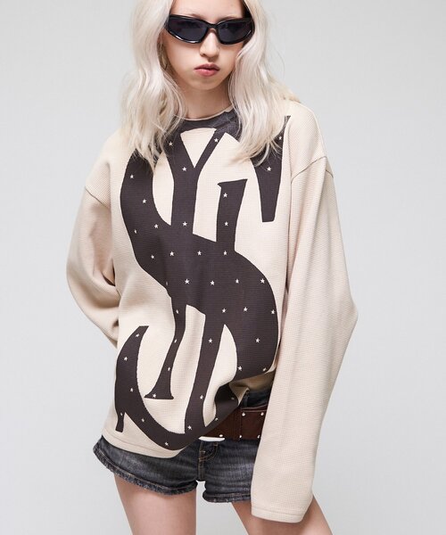 Sourcream(サワークリーム)の「【Sourcream】$ワッフルクルー(Tシャツ/カットソー・レディース・ベージュ/ブラック・SMALL/MEDIUM)」の10枚目の写真