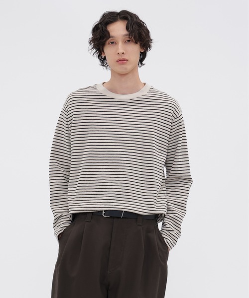 MHL.(エムエイチエル)の「TEXTURED COTTON STRIPE(Tシャツ/カットソー・メンズ・ダークグリーン/ライトベージュ・LARGE/MEDIUM)」の1枚目の写真