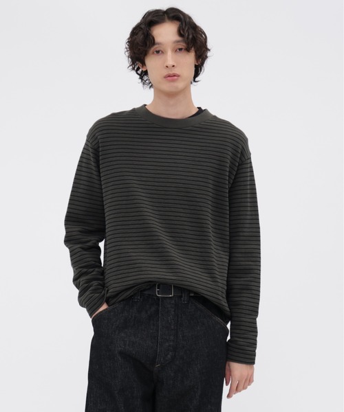 MHL.(エムエイチエル)の「TEXTURED COTTON STRIPE(Tシャツ/カットソー・メンズ・ダークグリーン/ライトベージュ・LARGE/MEDIUM)」の2枚目の写真