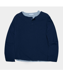 ヘンリーネックレイヤード2WAY サイドスナップポイント コットンロングスリーブ&インナー半袖Tシャツ ルームウェアセット_3COLOR