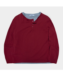 ヘンリーネックレイヤード2WAY サイドスナップポイント コットンロングスリーブ&インナー半袖Tシャツ ルームウェアセット_3COLOR