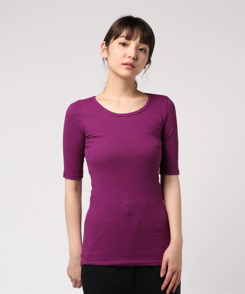 Born（ボーン）の「Born Half Sleeve Rib T-shirts/ボーン ハーフ スリーブ リブ Tシャツ（Tシャツ/カットソー・レディース・オフホワイト/パープル/チャコールグレー/ブラック/レッド/オリーブ/ネイビー・FREE）」の6枚目の写真