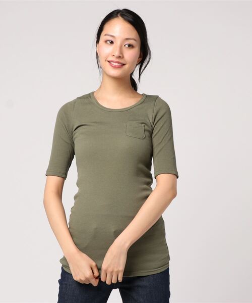 Born（ボーン）の「Born Half Sleeve Rib T-shirts/ボーン ハーフ スリーブ リブ Tシャツ（Tシャツ/カットソー・レディース・オフホワイト/パープル/チャコールグレー/ブラック/レッド/オリーブ/ネイビー・FREE）」の4枚目の写真