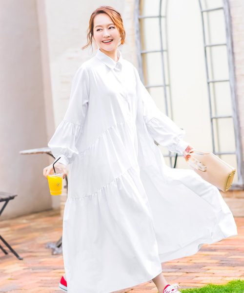 KOBE LETTUCE(コウベレタス)の「ボリュームティアードロングシャツワンピース(ワンピース・レディース・ホワイト/ブラック/モカ/ストライプ/グリーン・FREE)」の2枚目の写真