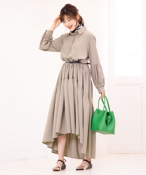 【美品】ハーリップトゥ シャツワンピース ティアード ロング ベルト 近年モデル 美品】ハーリップトゥ シャツワンピース ティアード ロング ベルト