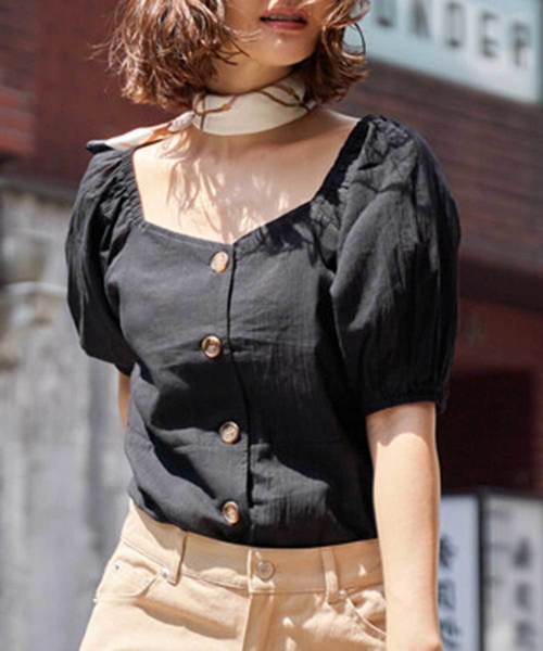 STYLEBLOCK（スタイルブロック）の「楊柳スクエアネックブラウス（シャツ/ブラウス・レディース・ブラック/オフホワイト/グリーン/モカ・M）」の3枚目の写真