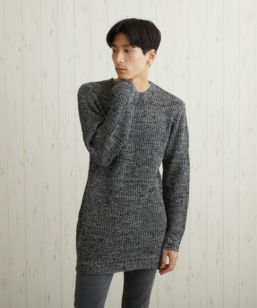 VIBGYOR(ヴィブジョー)の「VIBGYOR Select/畦編みロング丈モックネックニット(BL)(ニット/セーター・メンズ・ブラック/カーキ/アイボリー/杢グレー/ベージュ系その他/パープル系その他・MEDIUM/LARGE)」の4枚目の写真