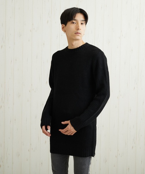 VIBGYOR(ヴィブジョー)の「VIBGYOR Select/畦編みロング丈モックネックニット(BL)(ニット/セーター・メンズ・ブラック/カーキ/アイボリー/杢グレー/ベージュ系その他/パープル系その他・MEDIUM/LARGE)」の3枚目の写真